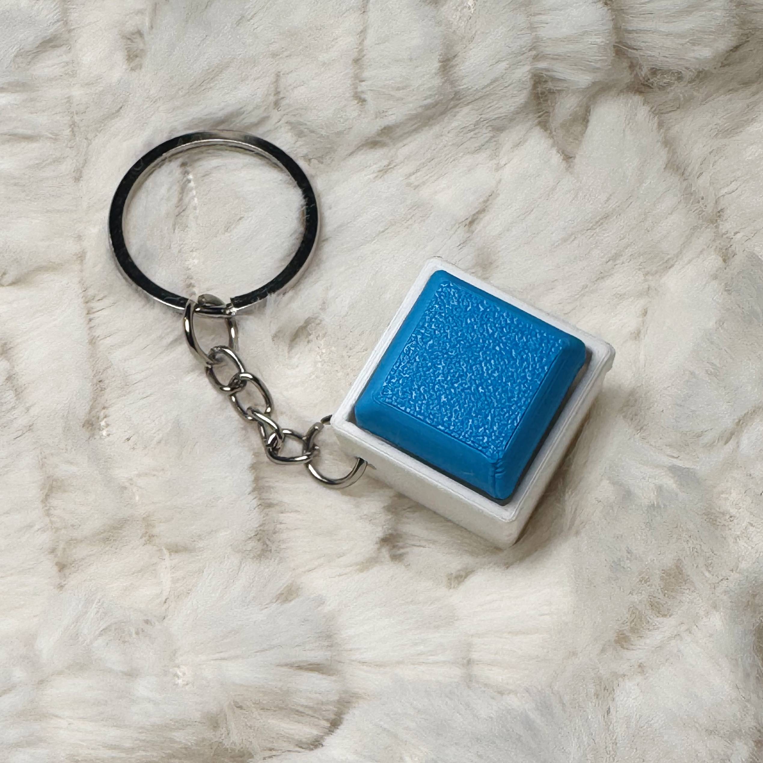 1x1 3D Printed Fidget Clicker Keyring White Base – Mechanical Keyboard Style Stress Toy ASMR - Bright Blue