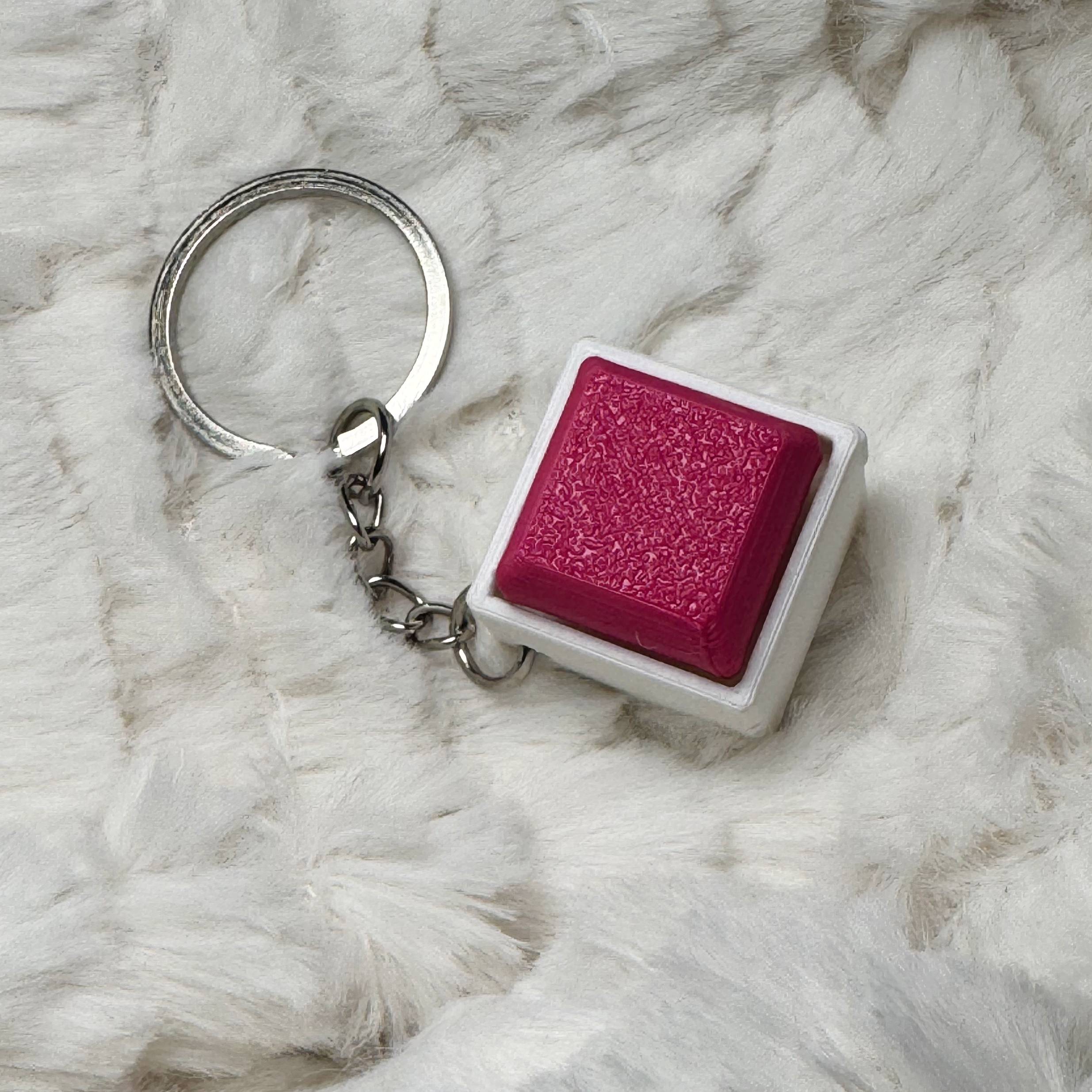 1x1 3D Printed Fidget Clicker Keyring White Base – Mechanical Keyboard Style Stress Toy ASMR - Magenta